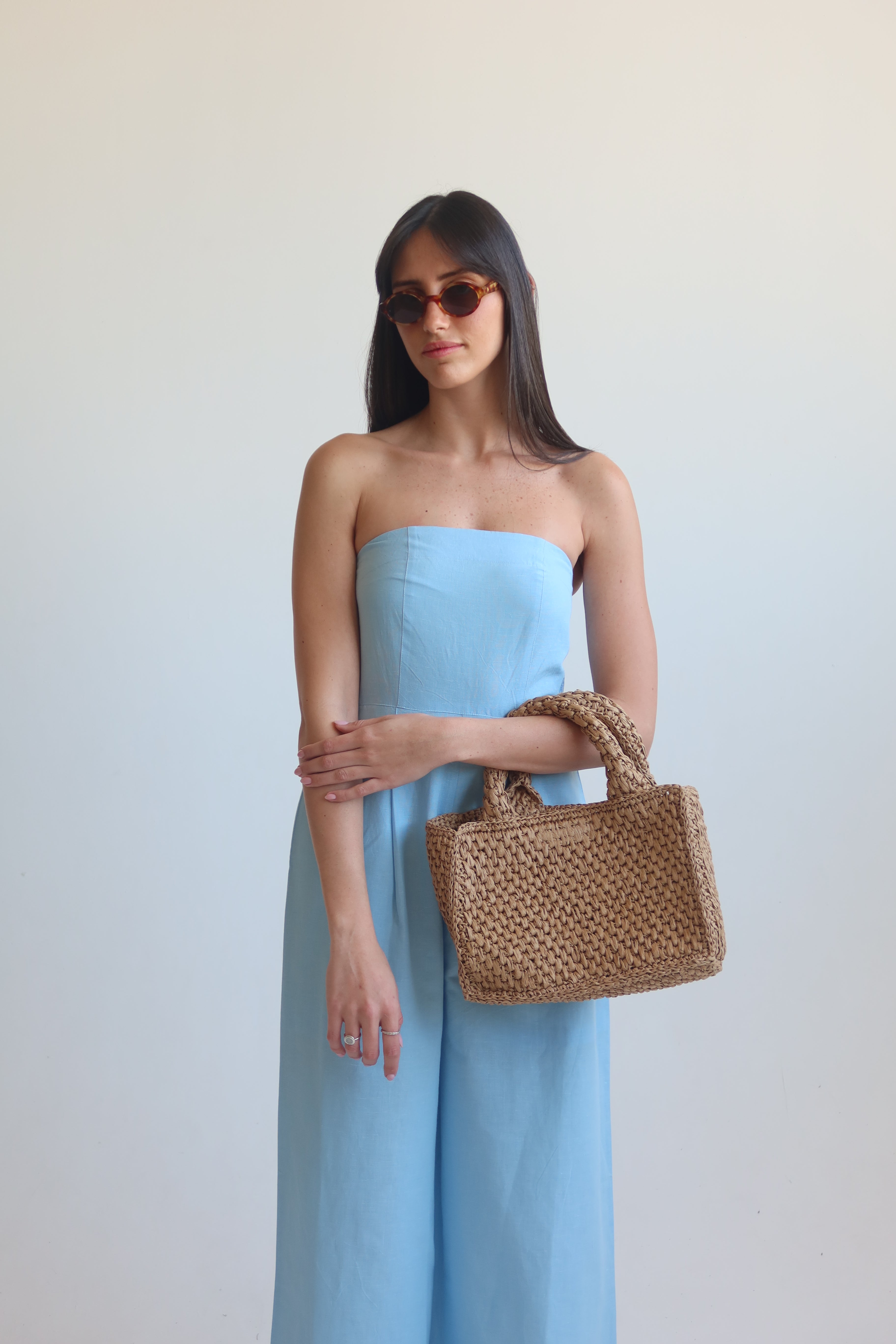 Linen blend Strapless jumpsuit - Light Blue