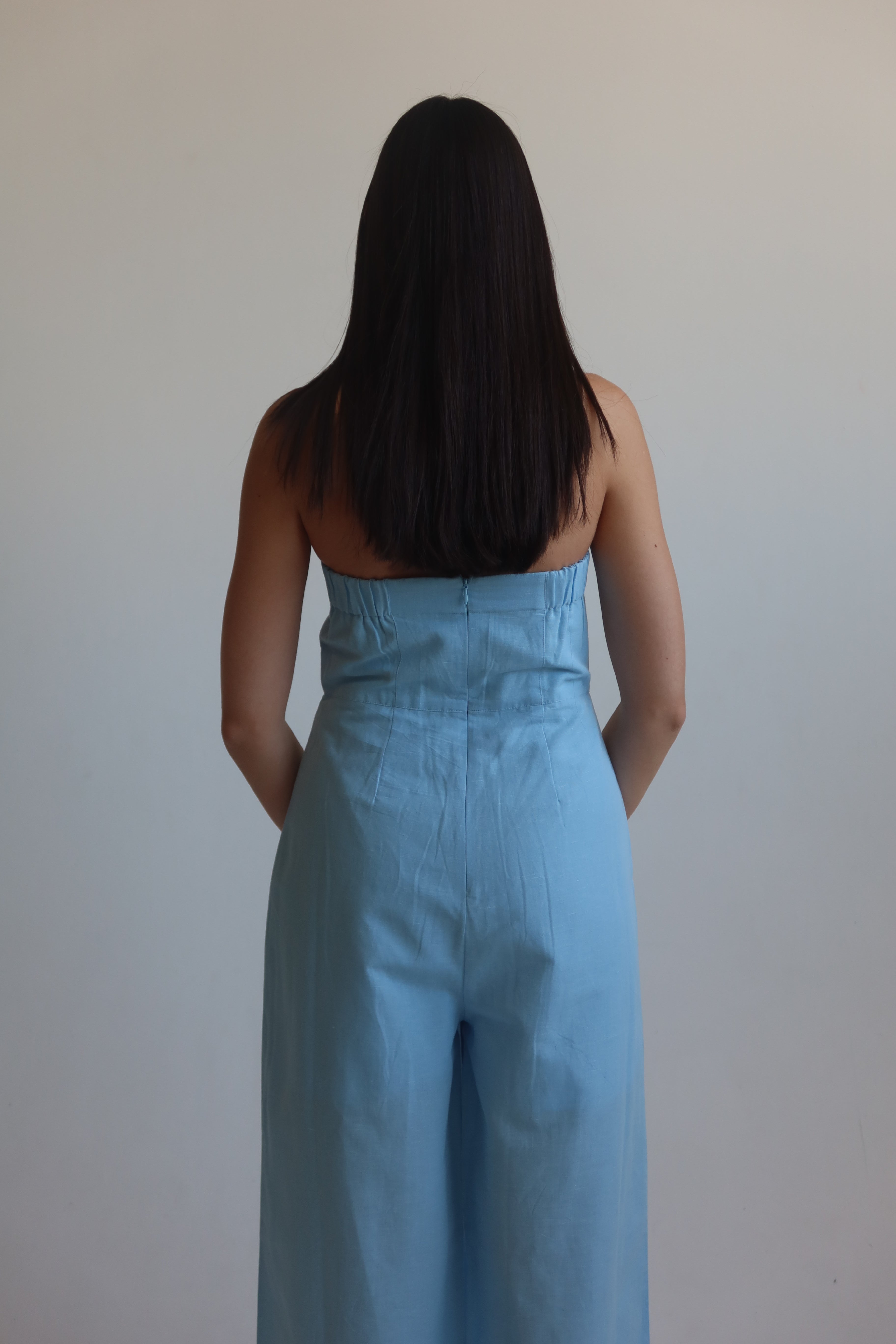 Linen blend Strapless jumpsuit - Light Blue