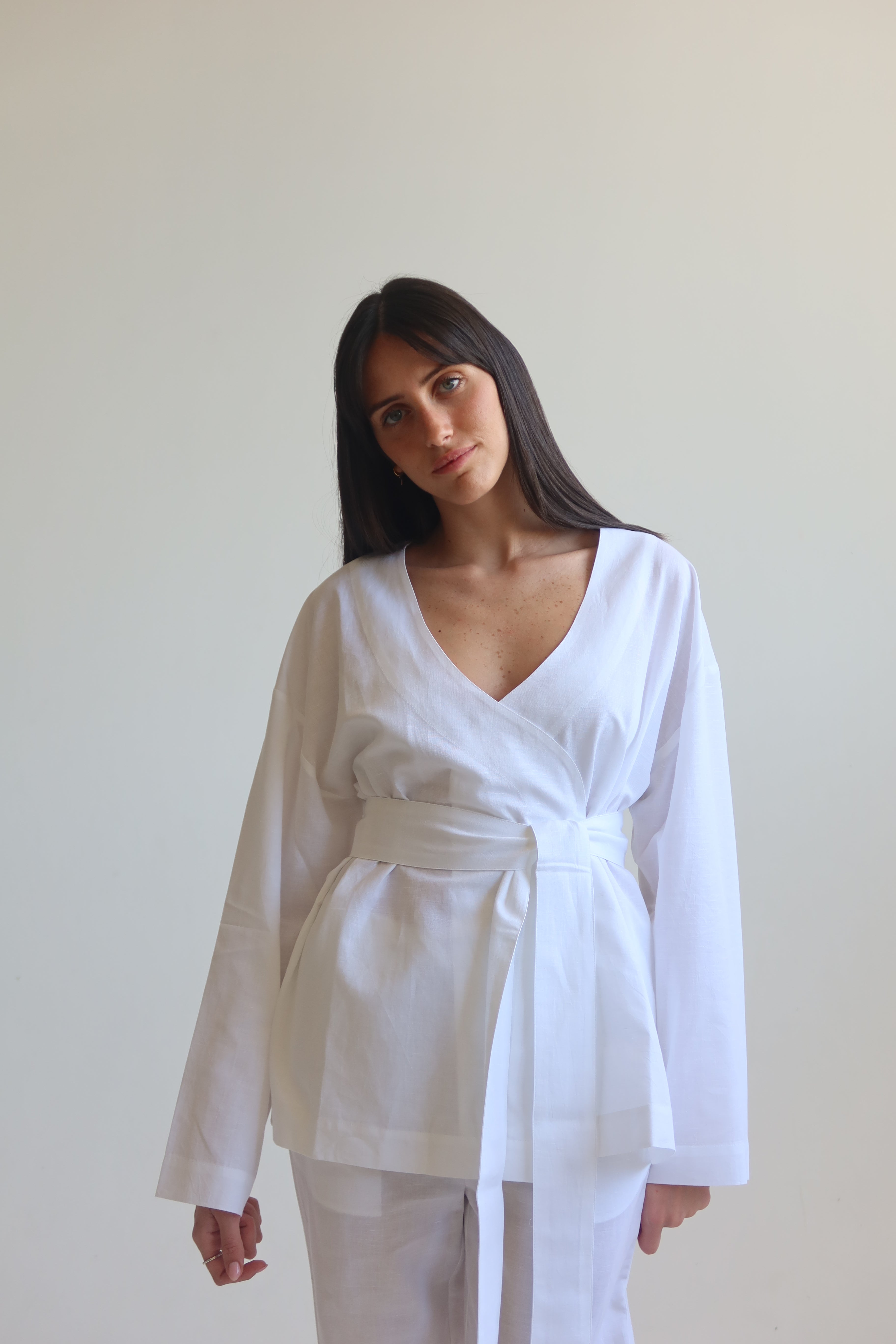 Linen blend kimono shirt - White