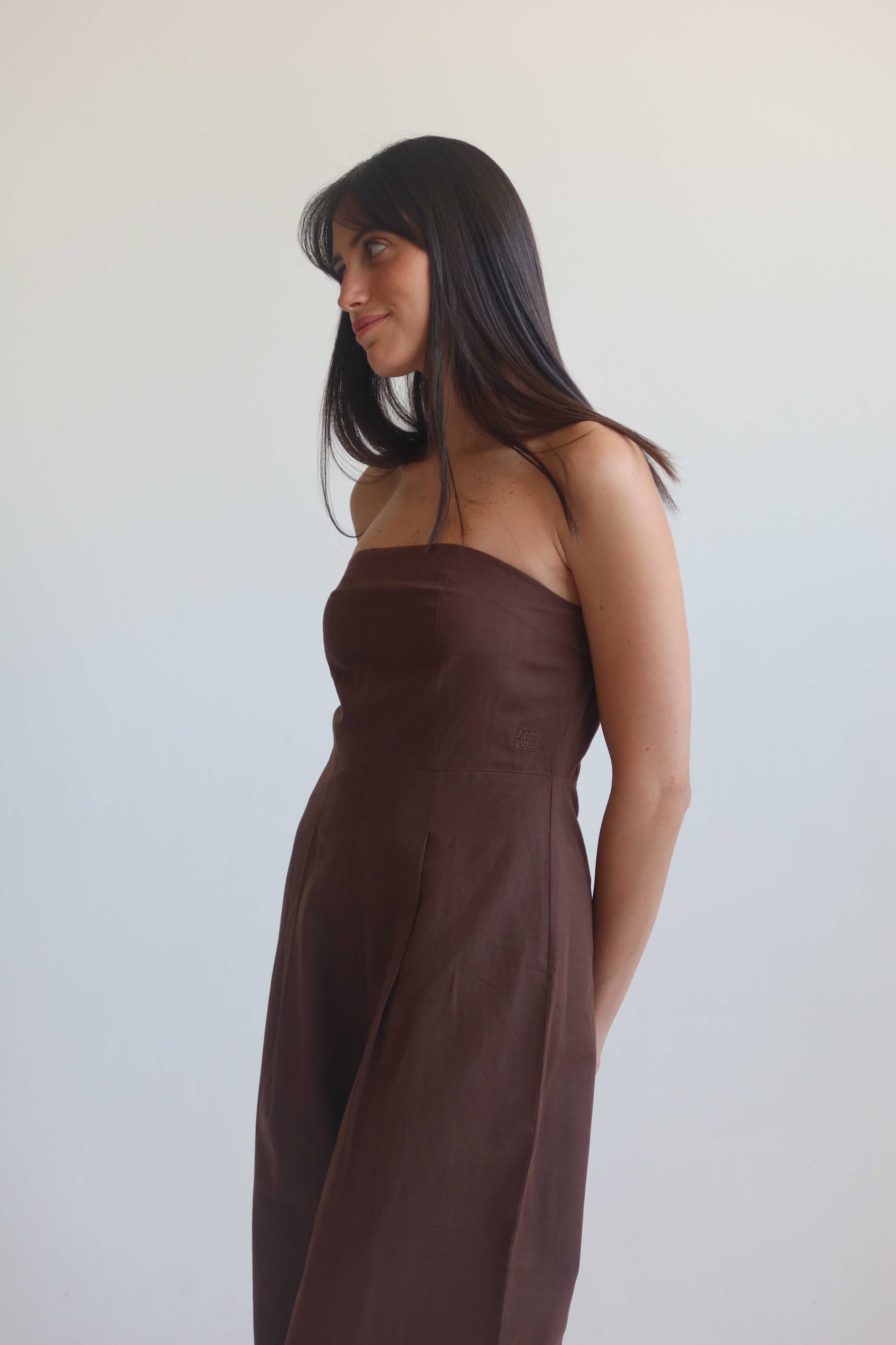 Linen blend Strapless jumpsuit - Chocolate Brown
