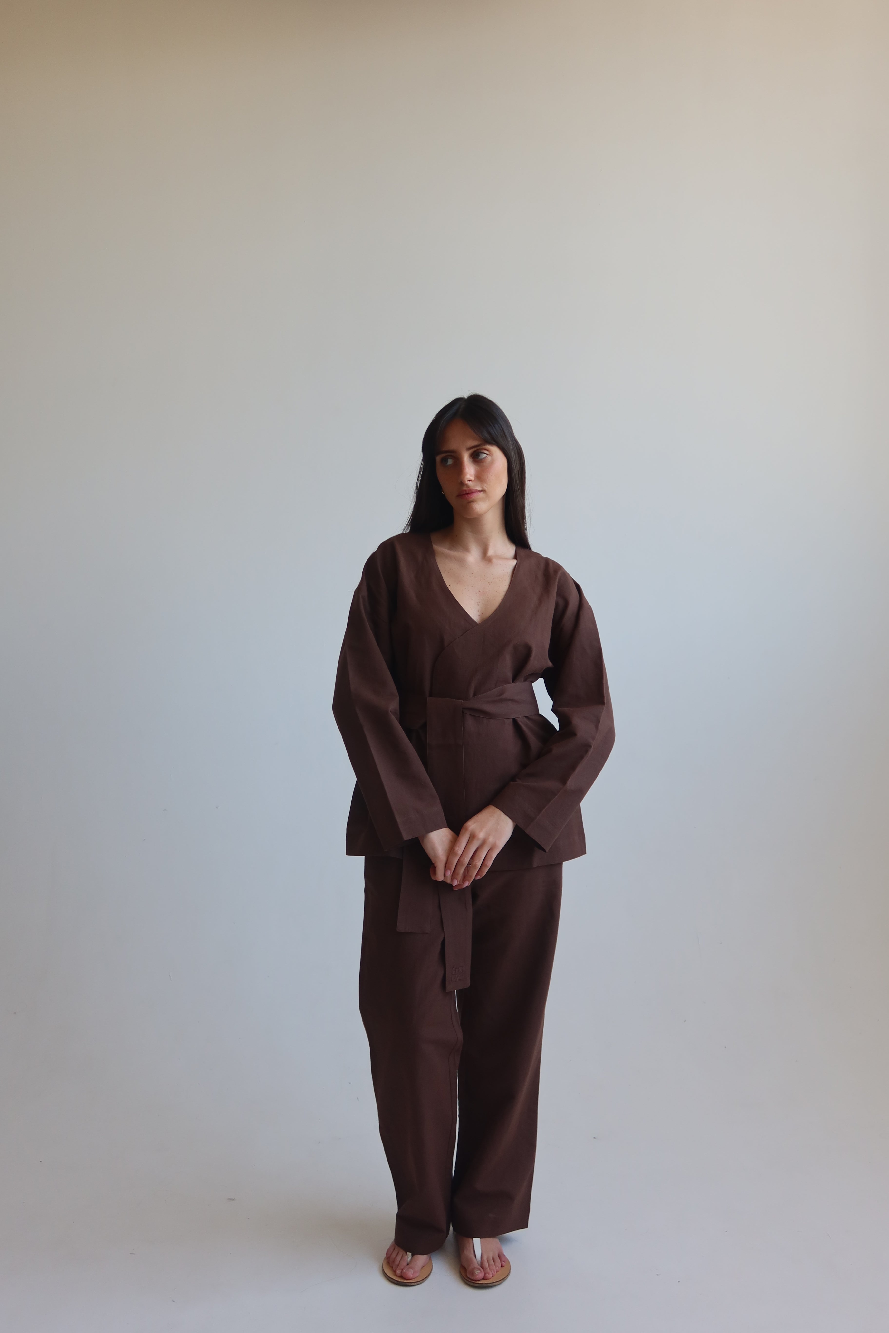 Linen blend kimono shirt - Chocolate Brown