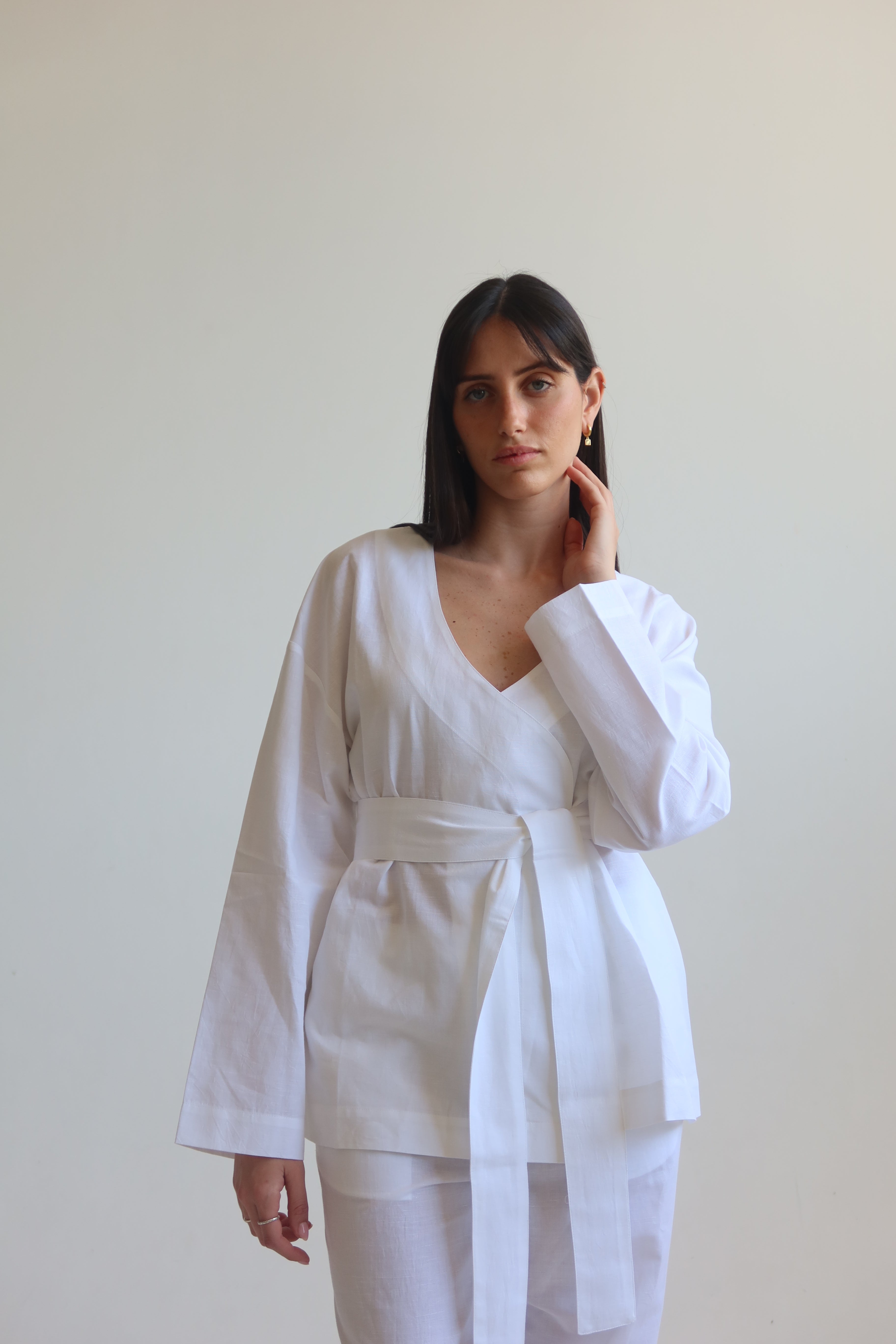 Linen blend kimono shirt - White