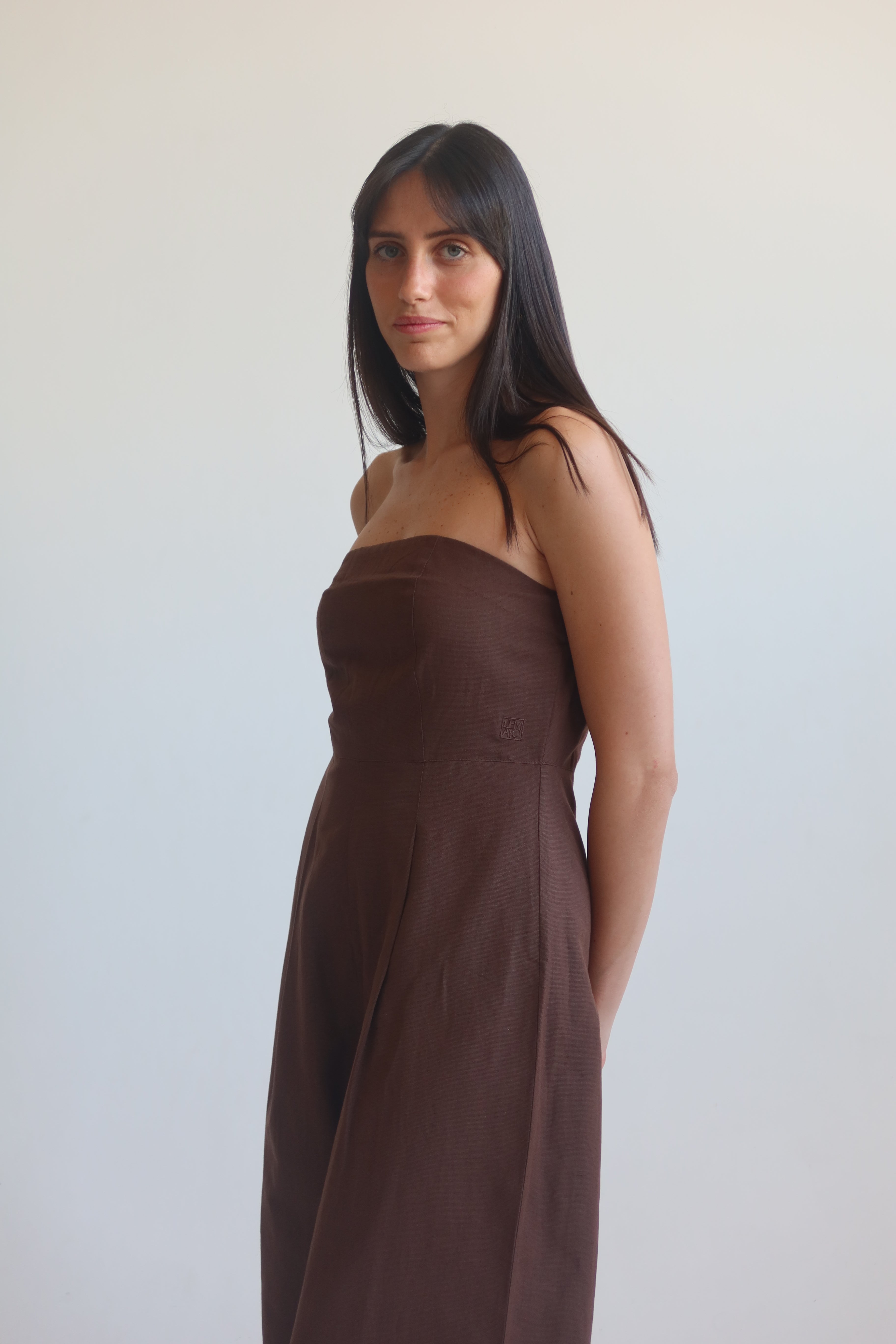 Linen blend Strapless jumpsuit - Chocolate Brown