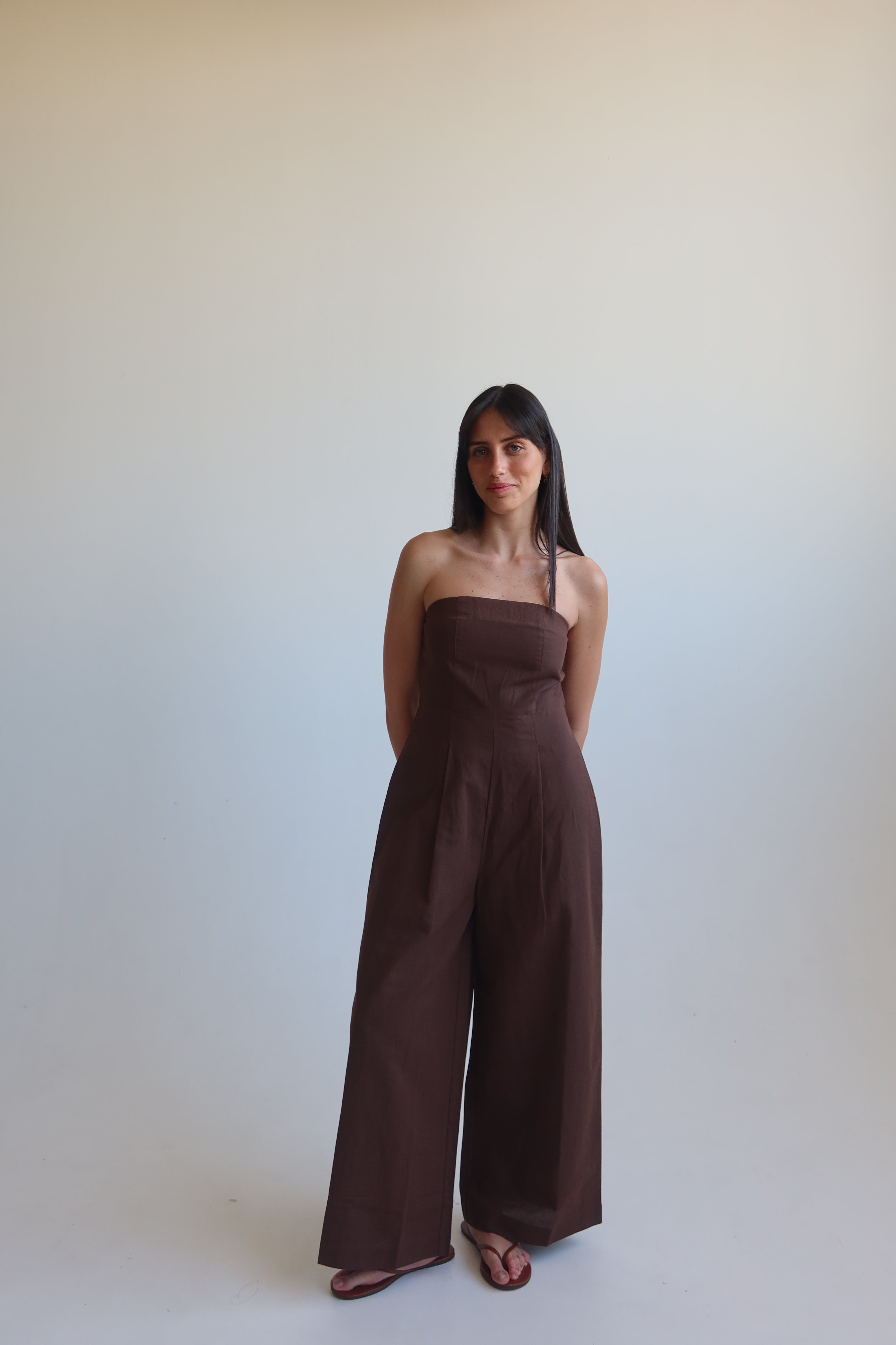 Linen blend Strapless jumpsuit - Chocolate Brown