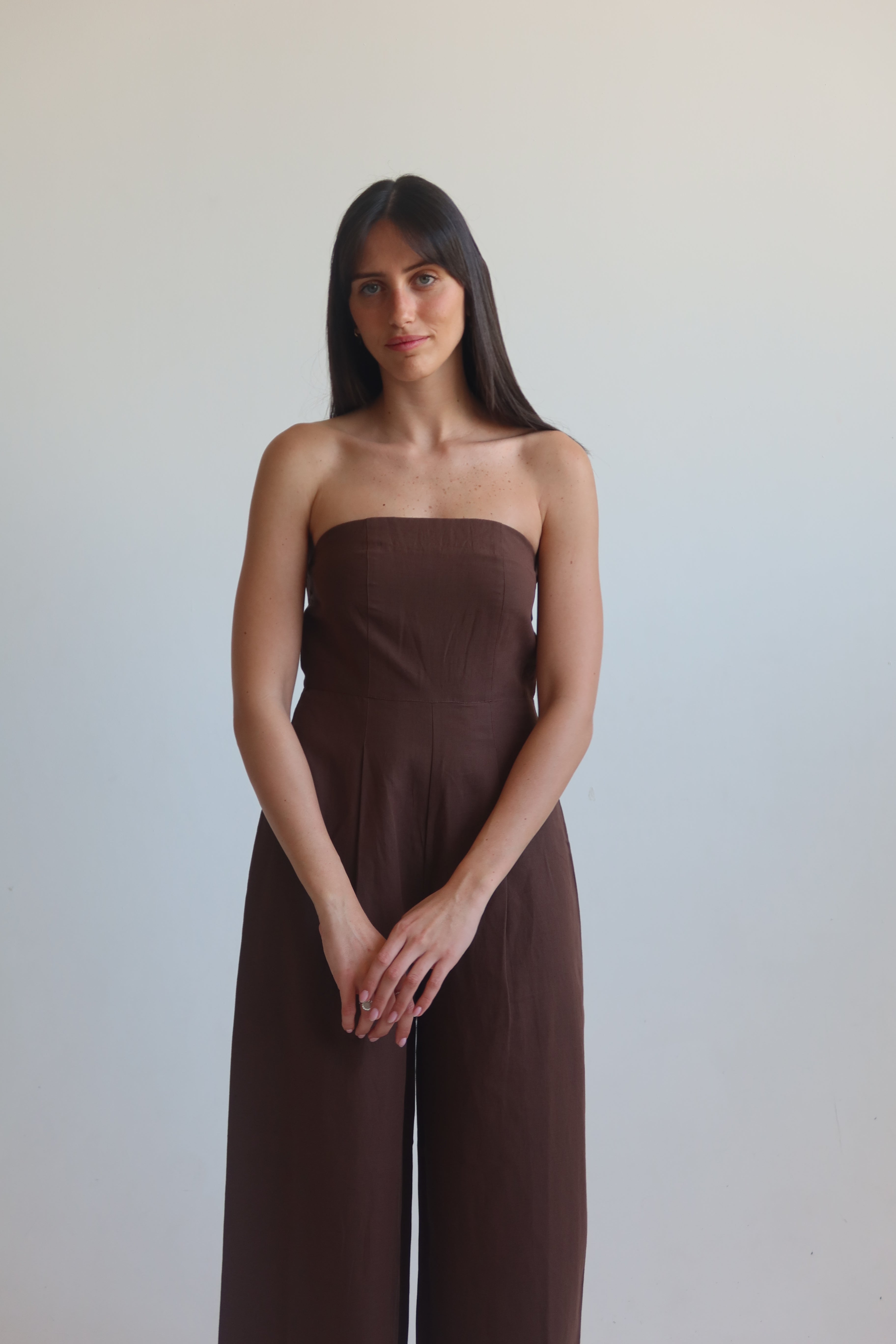 Linen blend Strapless jumpsuit - Chocolate Brown