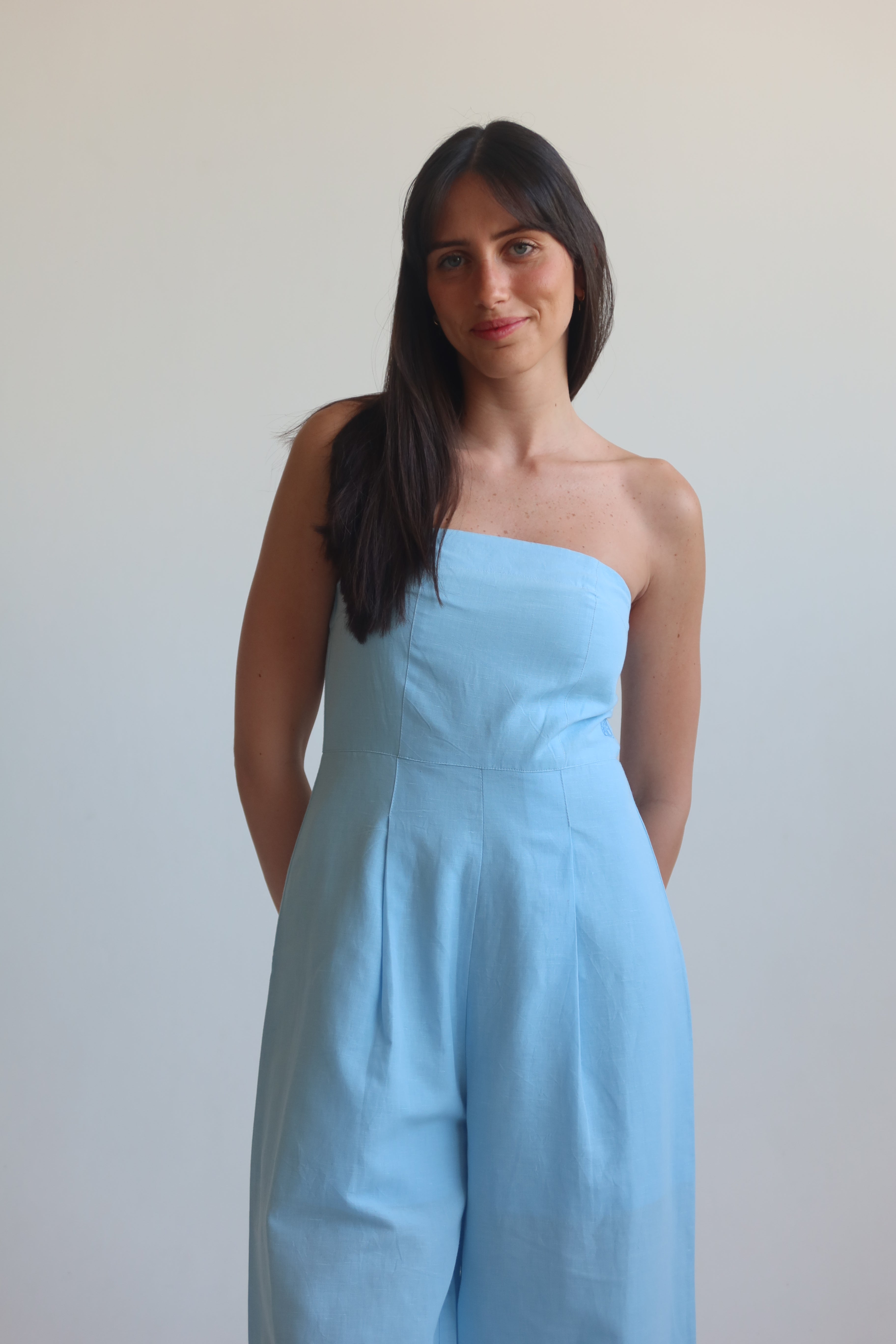 Linen blend Strapless jumpsuit - Light Blue