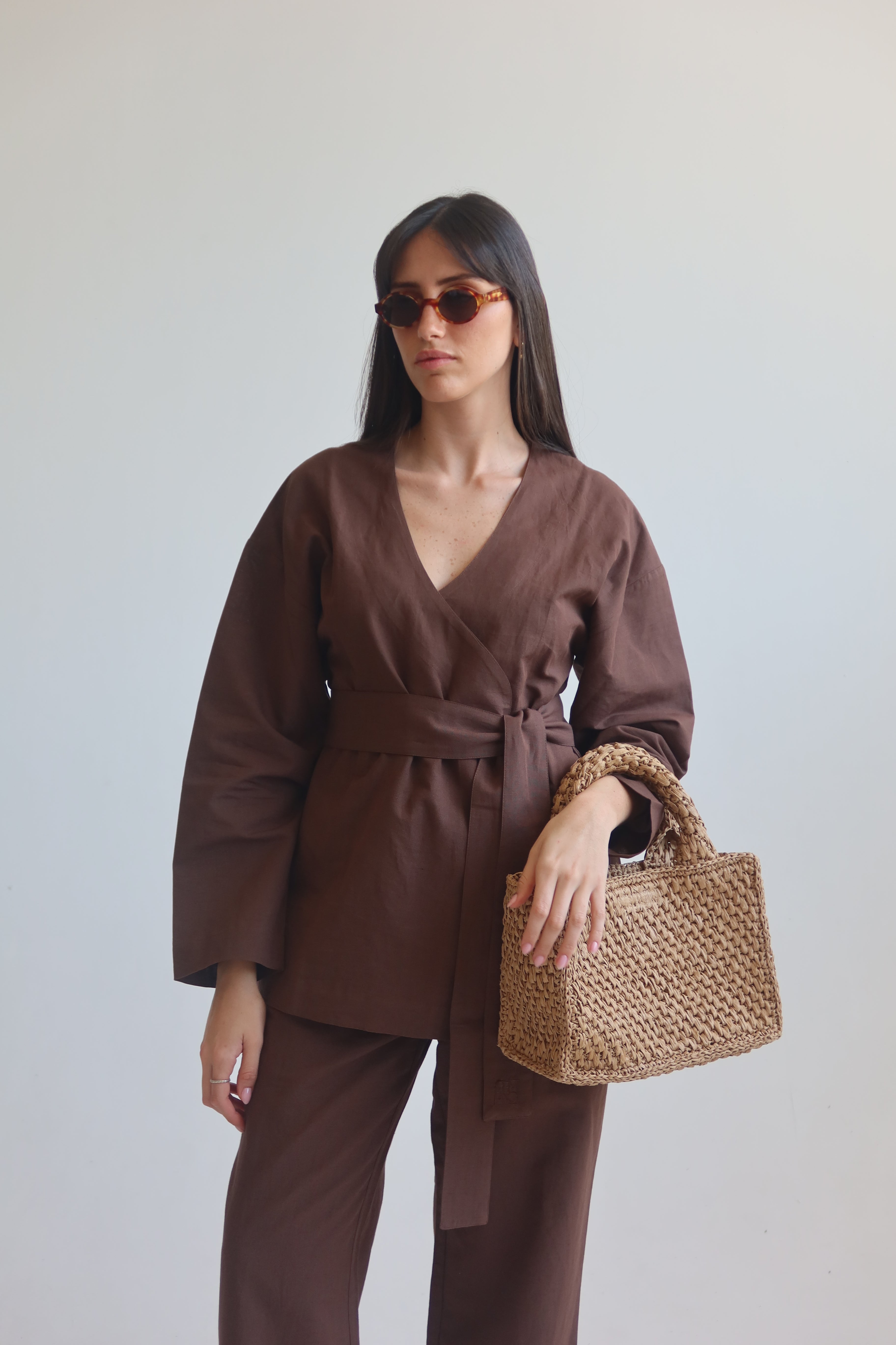 Linen blend kimono shirt - Chocolate Brown