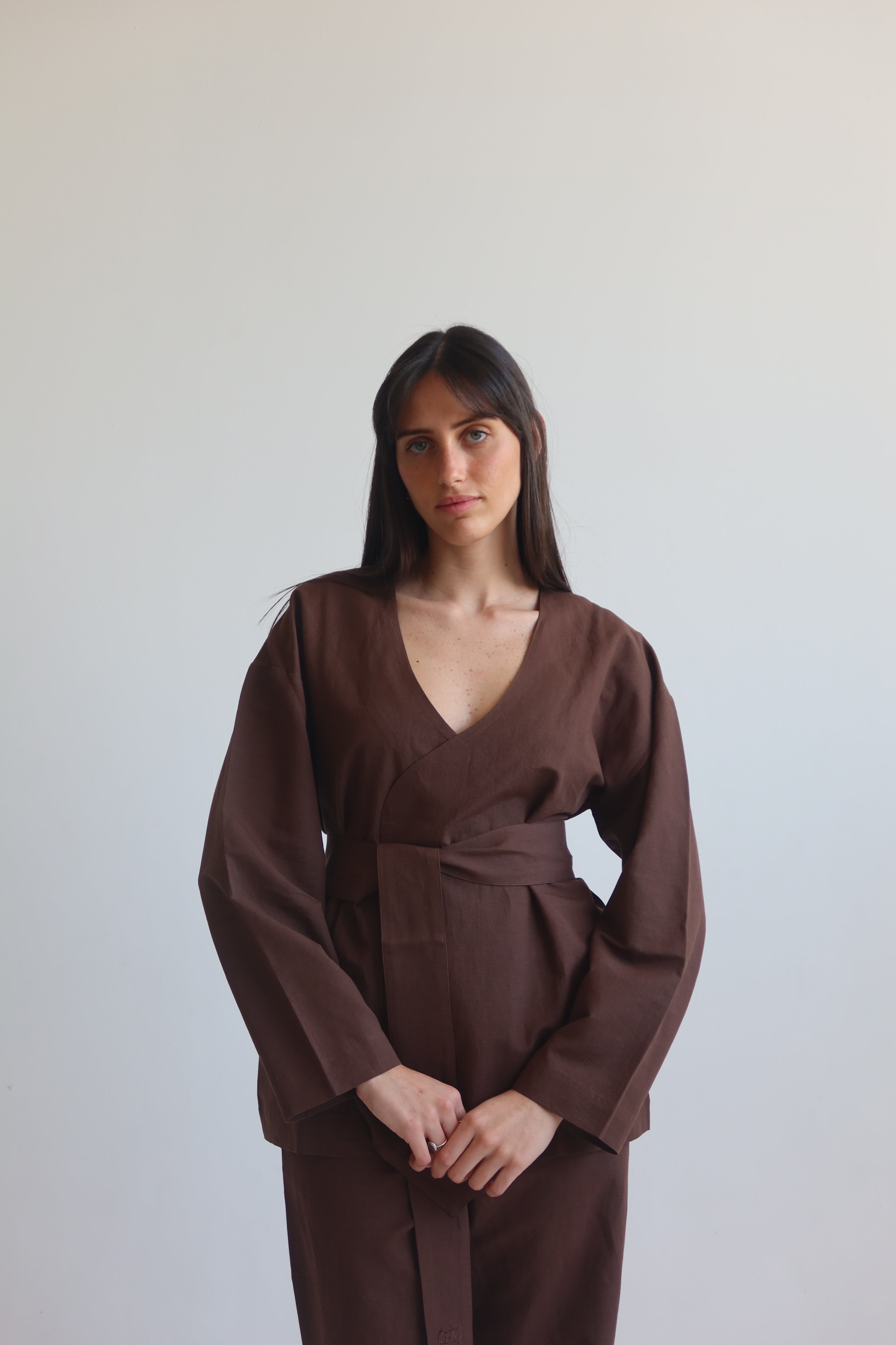 Linen blend kimono shirt - Chocolate Brown