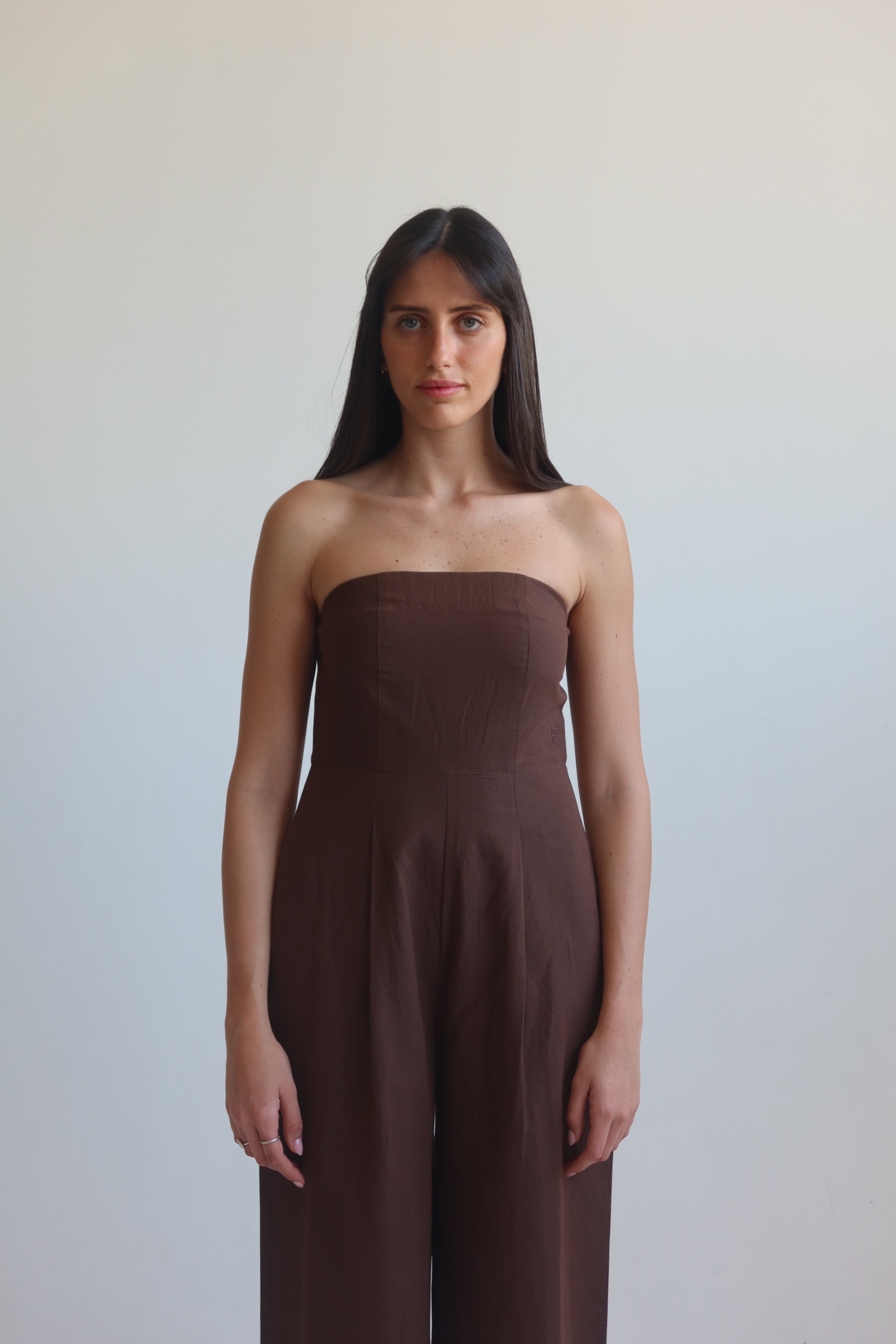 Linen blend Strapless jumpsuit - Chocolate Brown