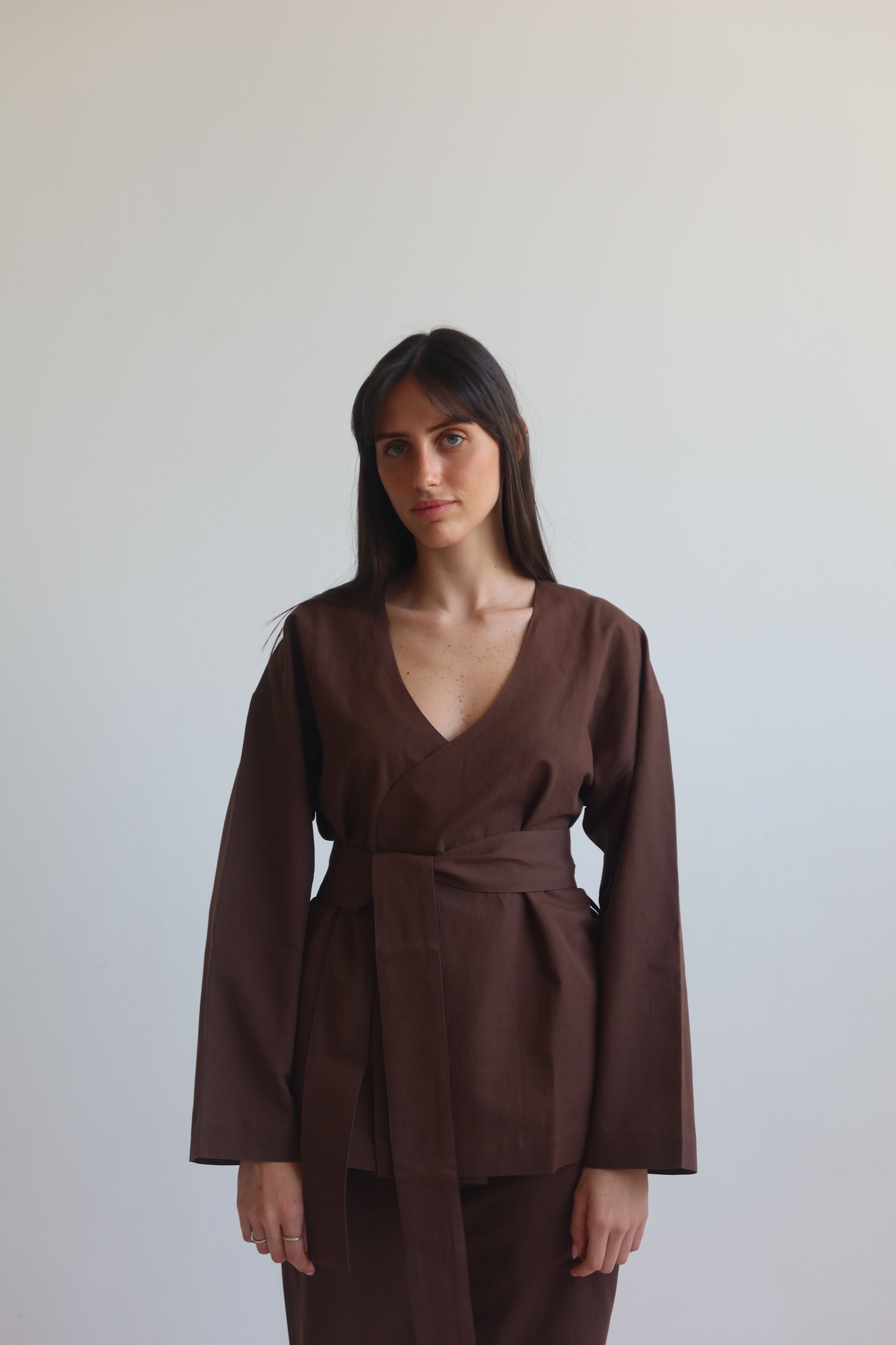 Linen blend kimono shirt - Chocolate Brown