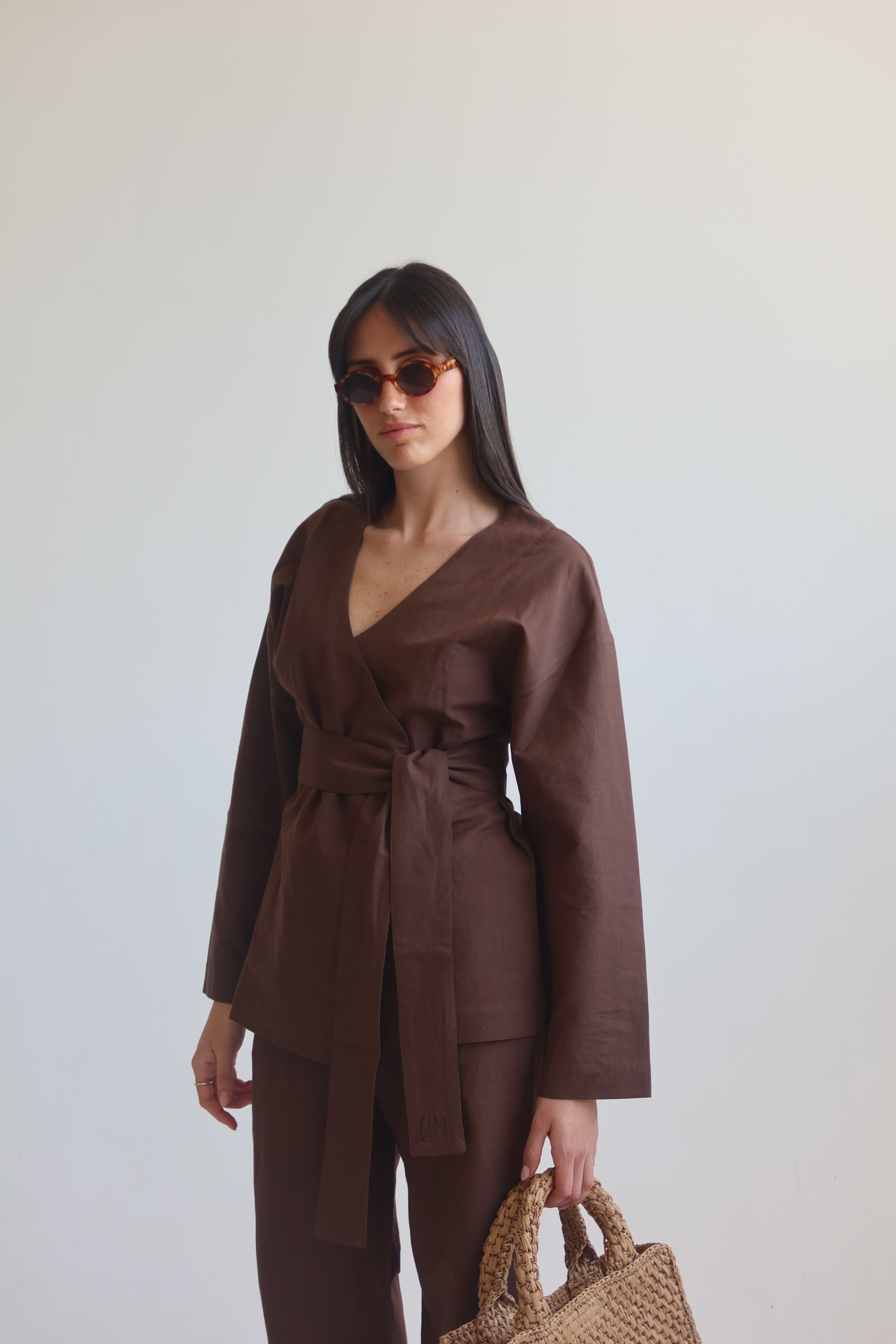 Linen blend kimono shirt - Chocolate Brown