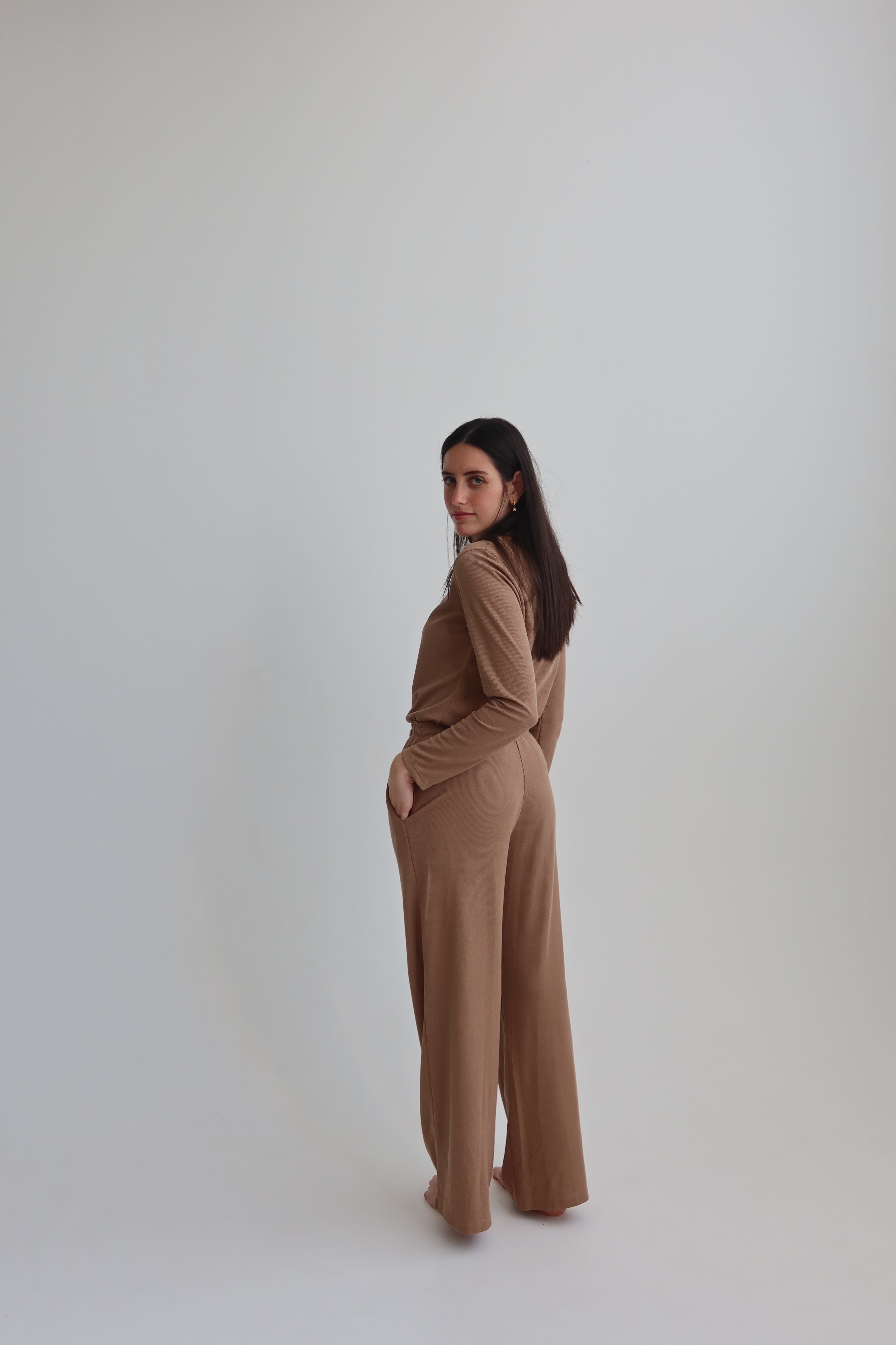Waffle straight pants - brown