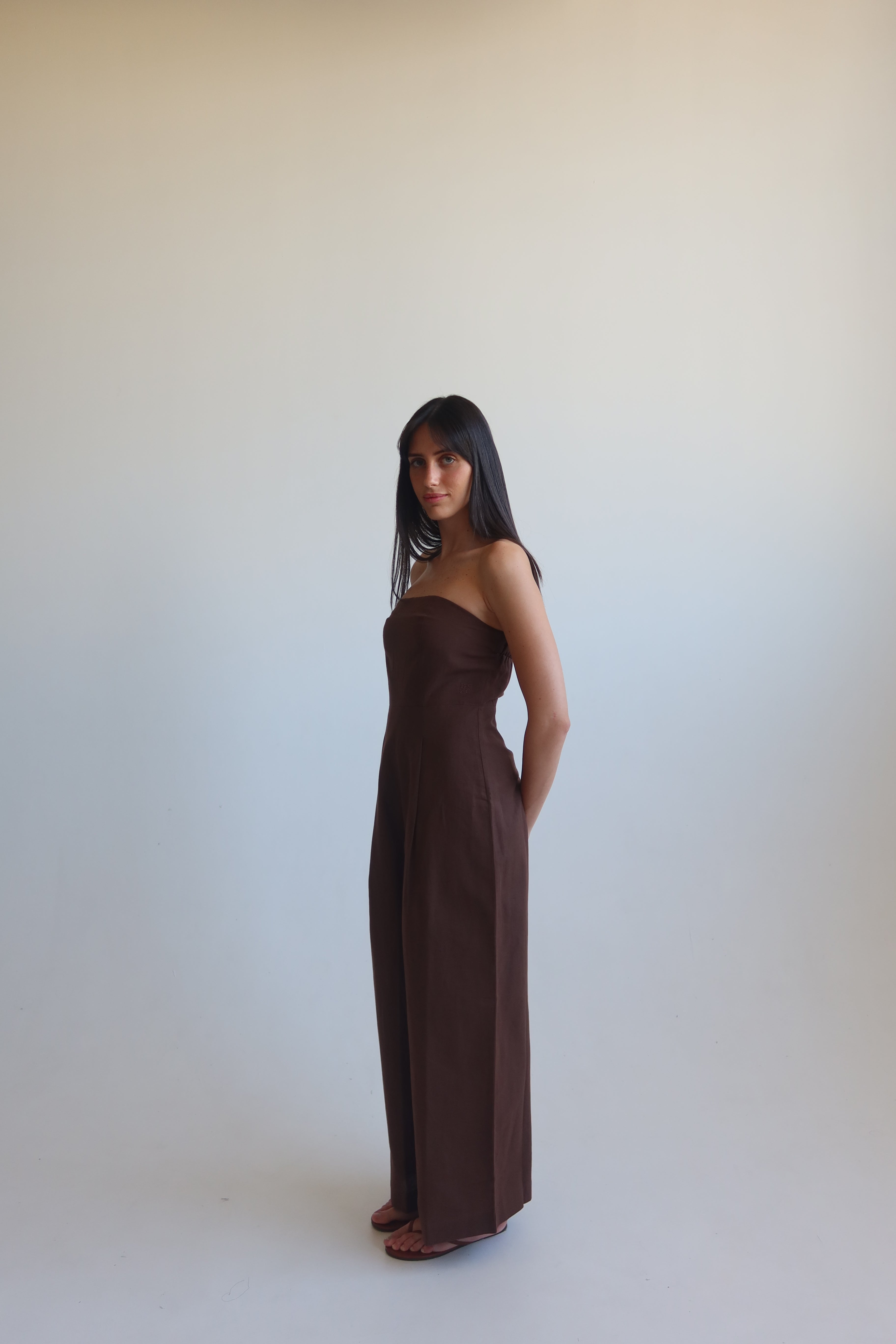 Linen blend Strapless jumpsuit - Chocolate Brown