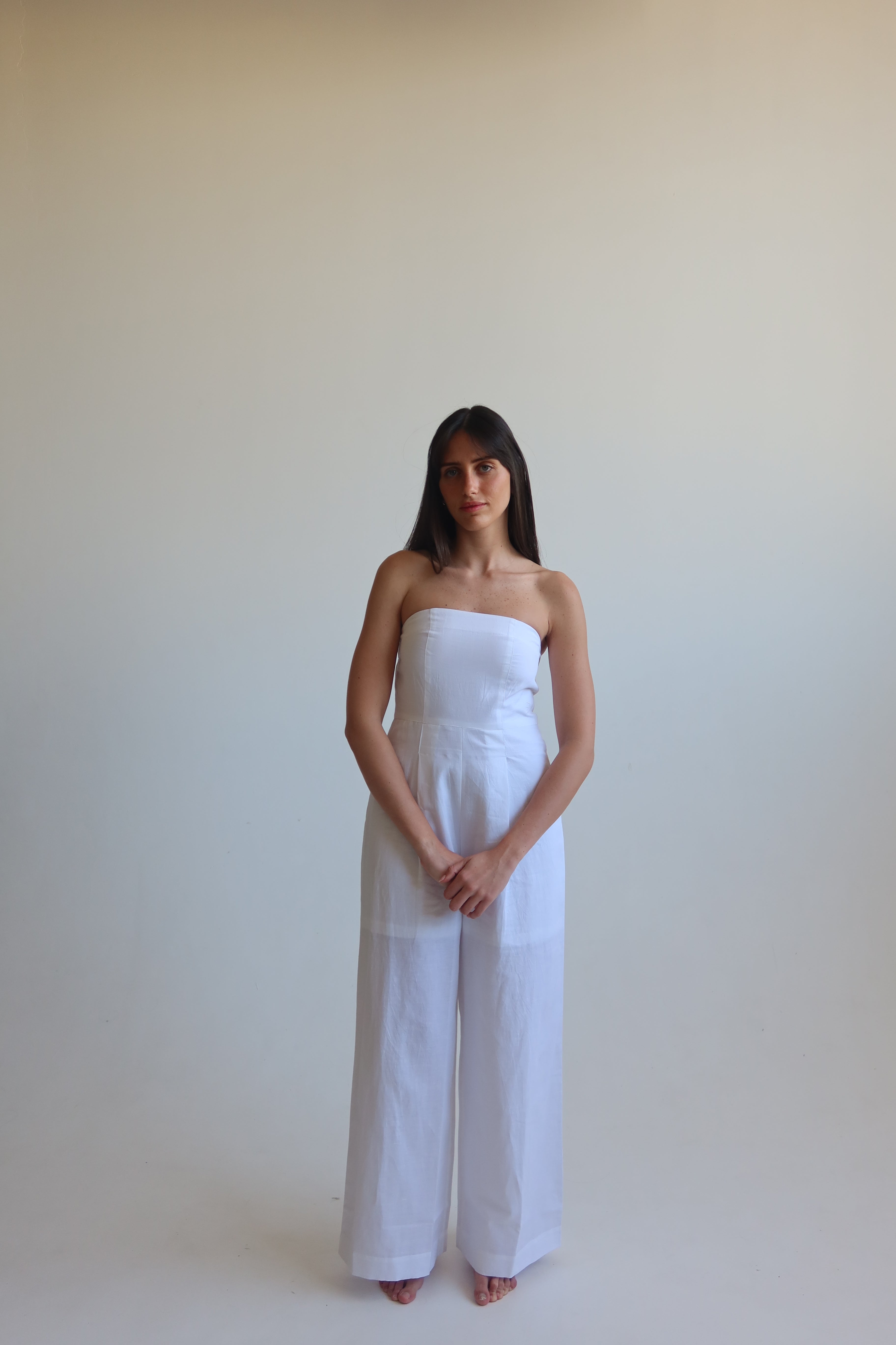 Linen blend Strapless jumpsuit - White