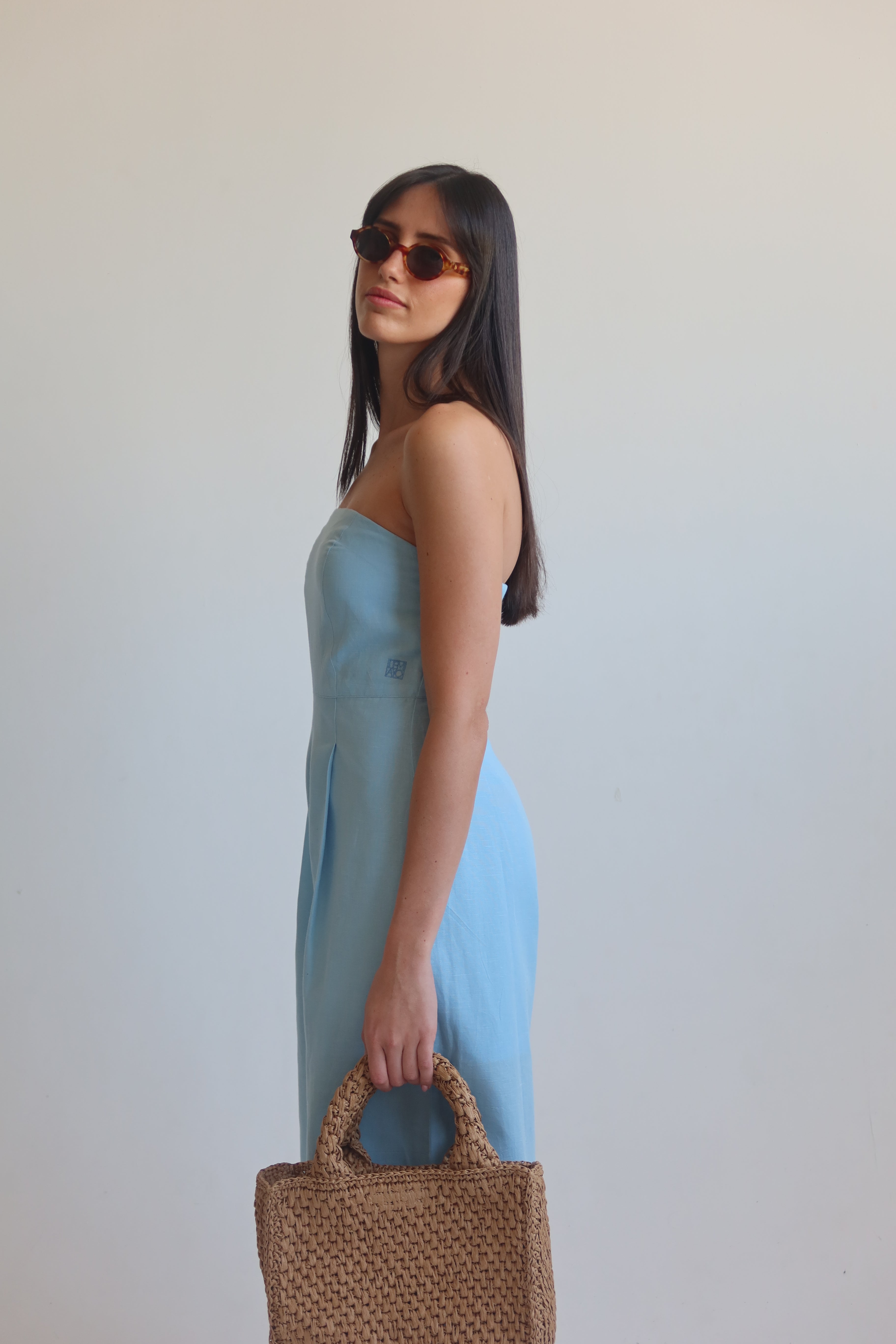 Linen blend Strapless jumpsuit - Light Blue