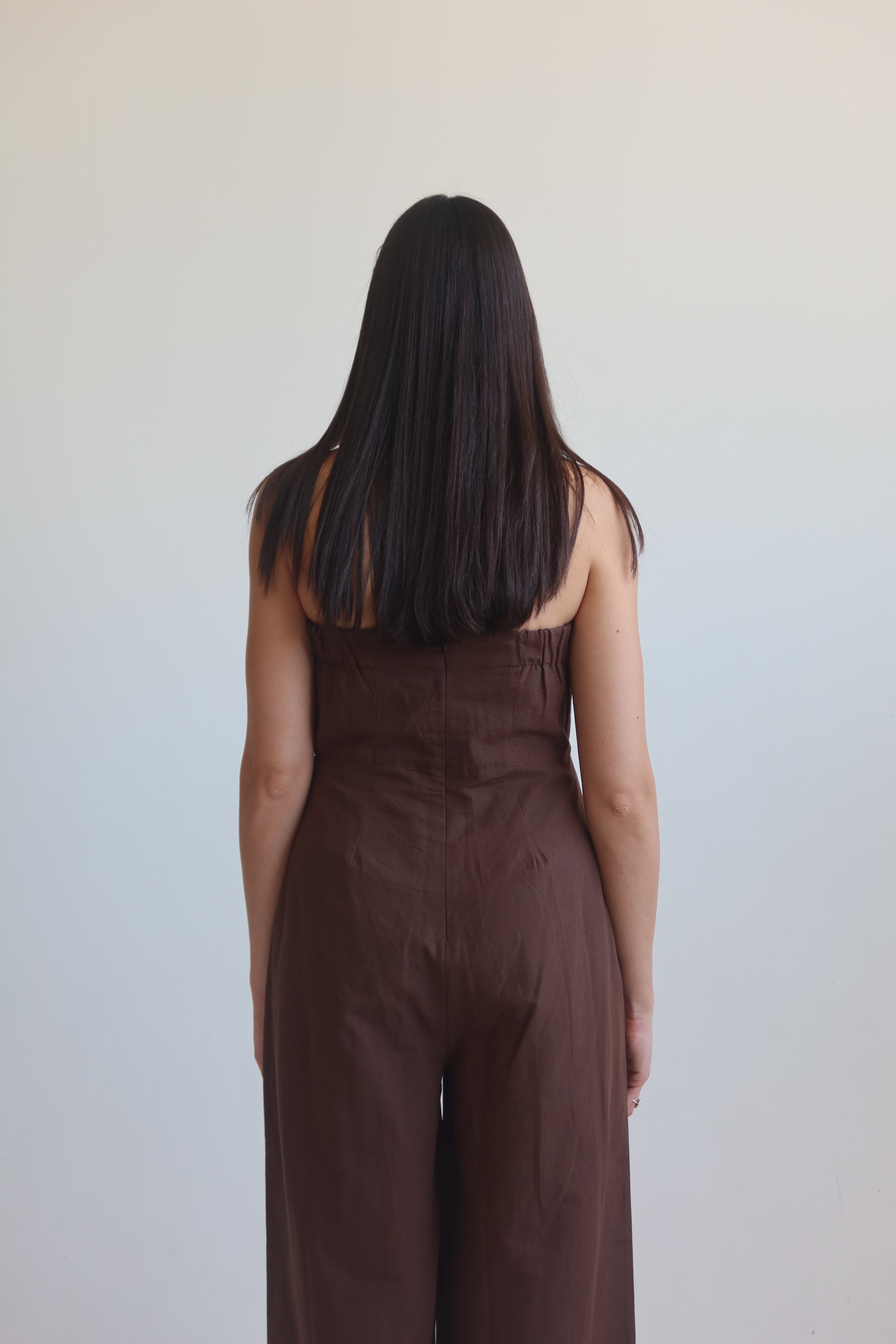 Linen blend Strapless jumpsuit - Chocolate Brown