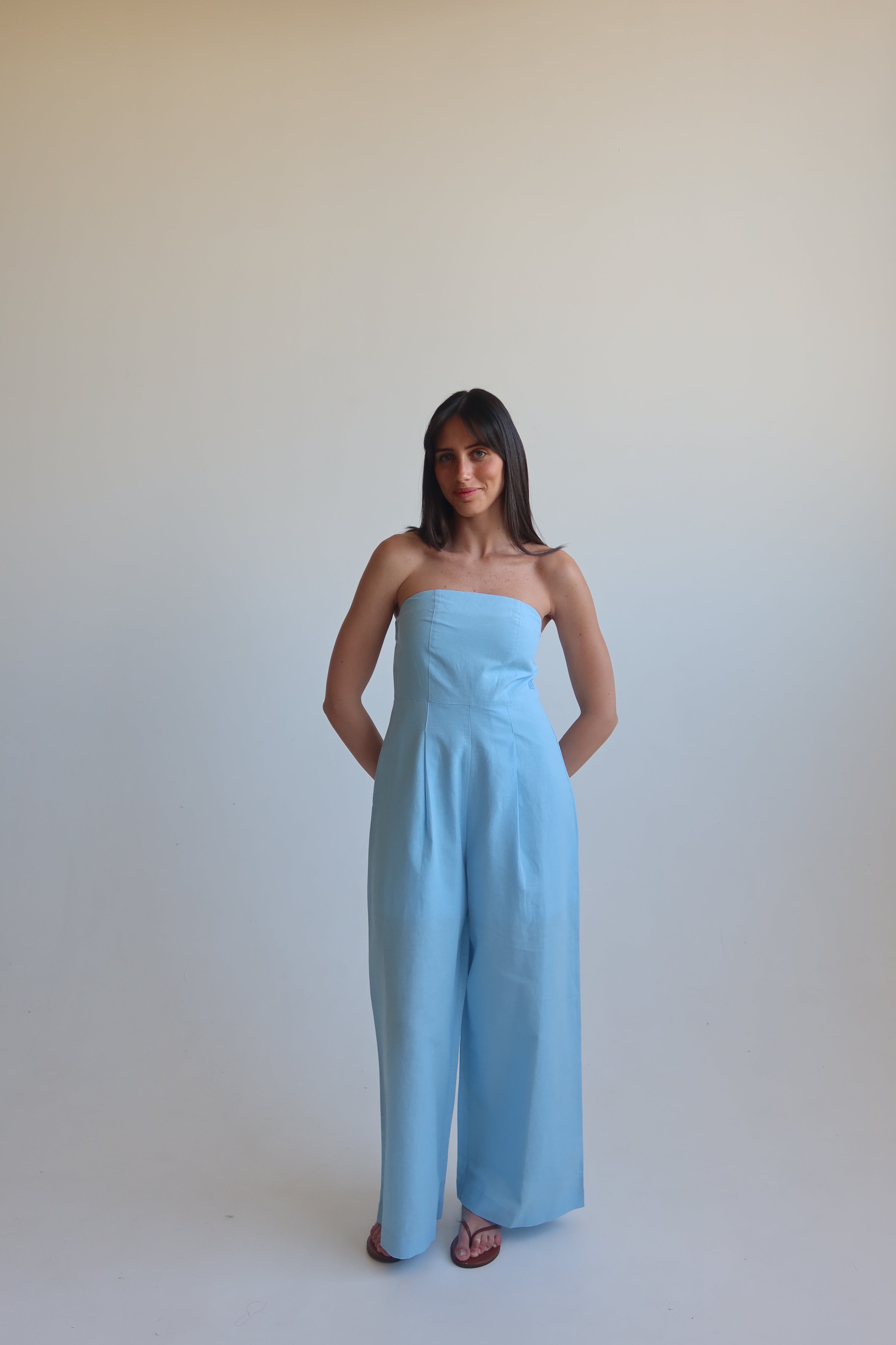 Linen blend Strapless jumpsuit - Light Blue