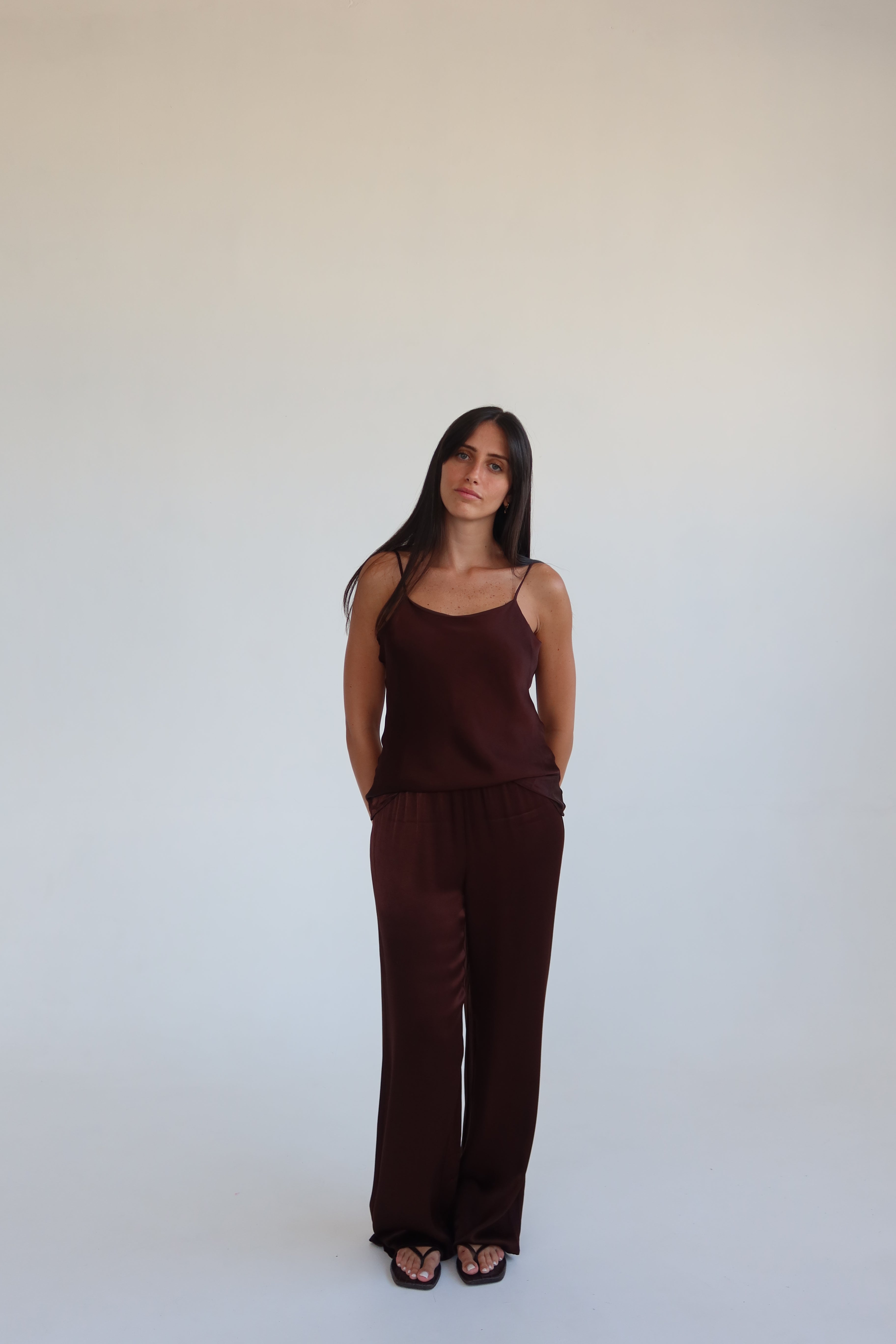 Satin full length pants - dark brown