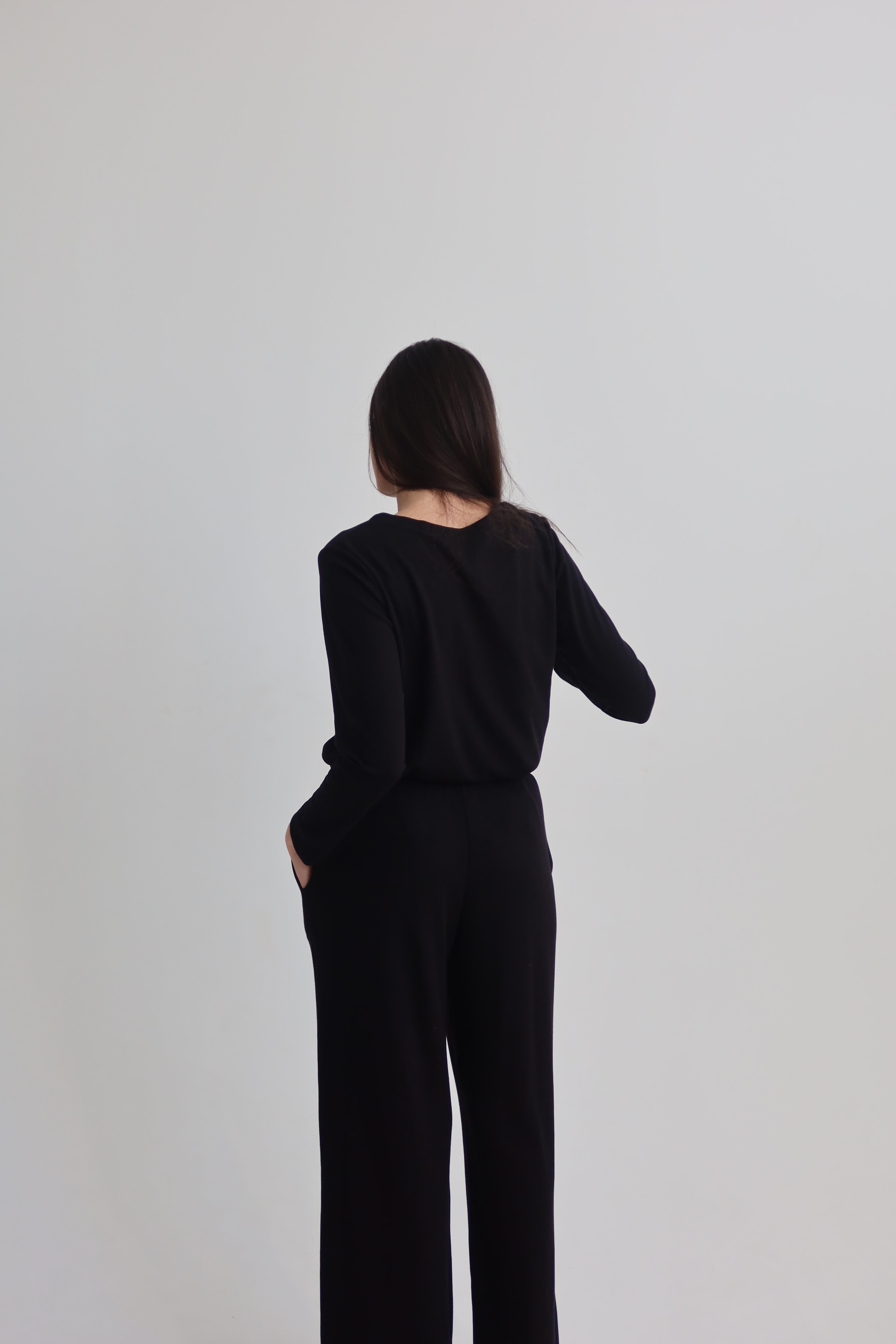 Waffle straight pants - black