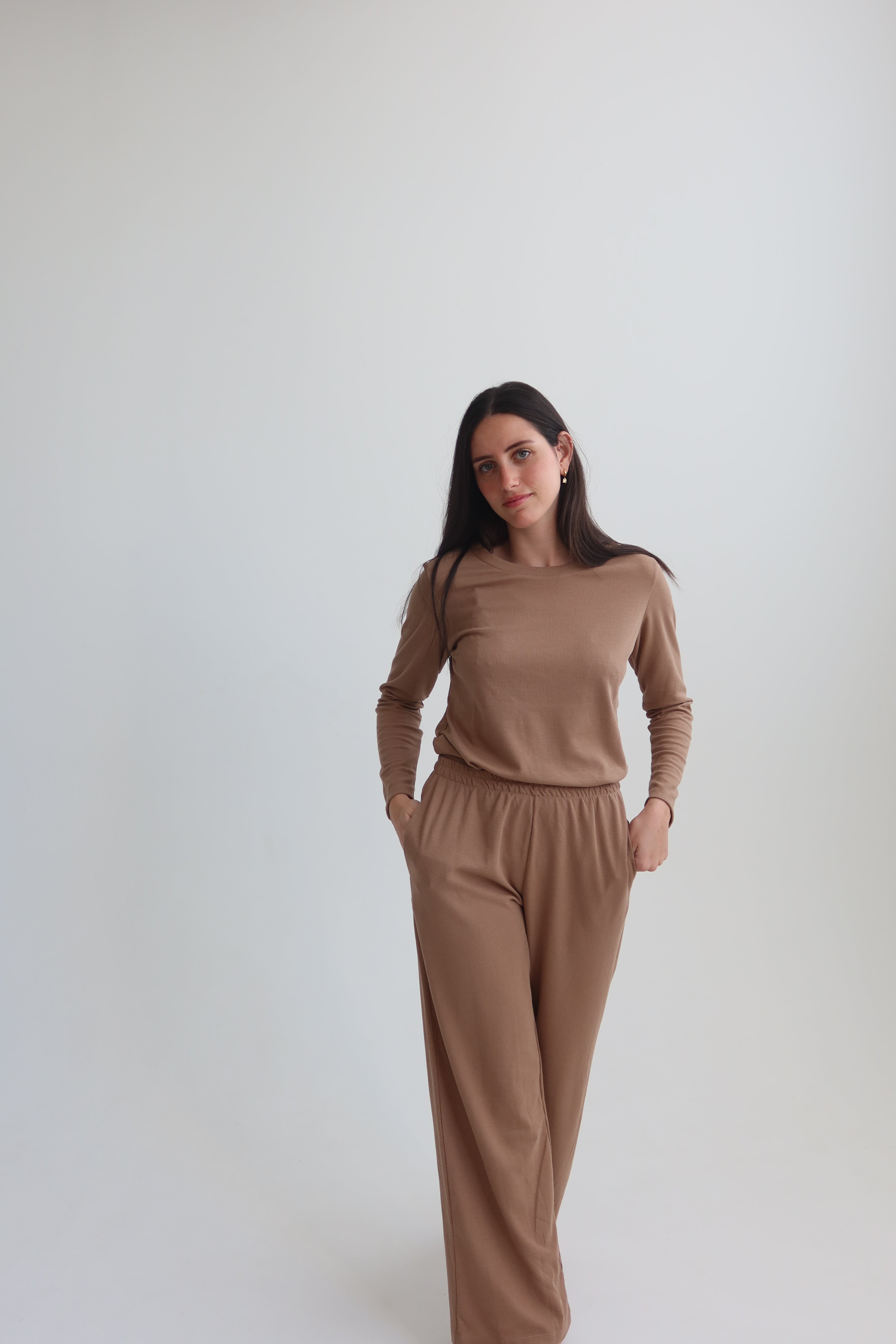 Waffle straight pants - brown