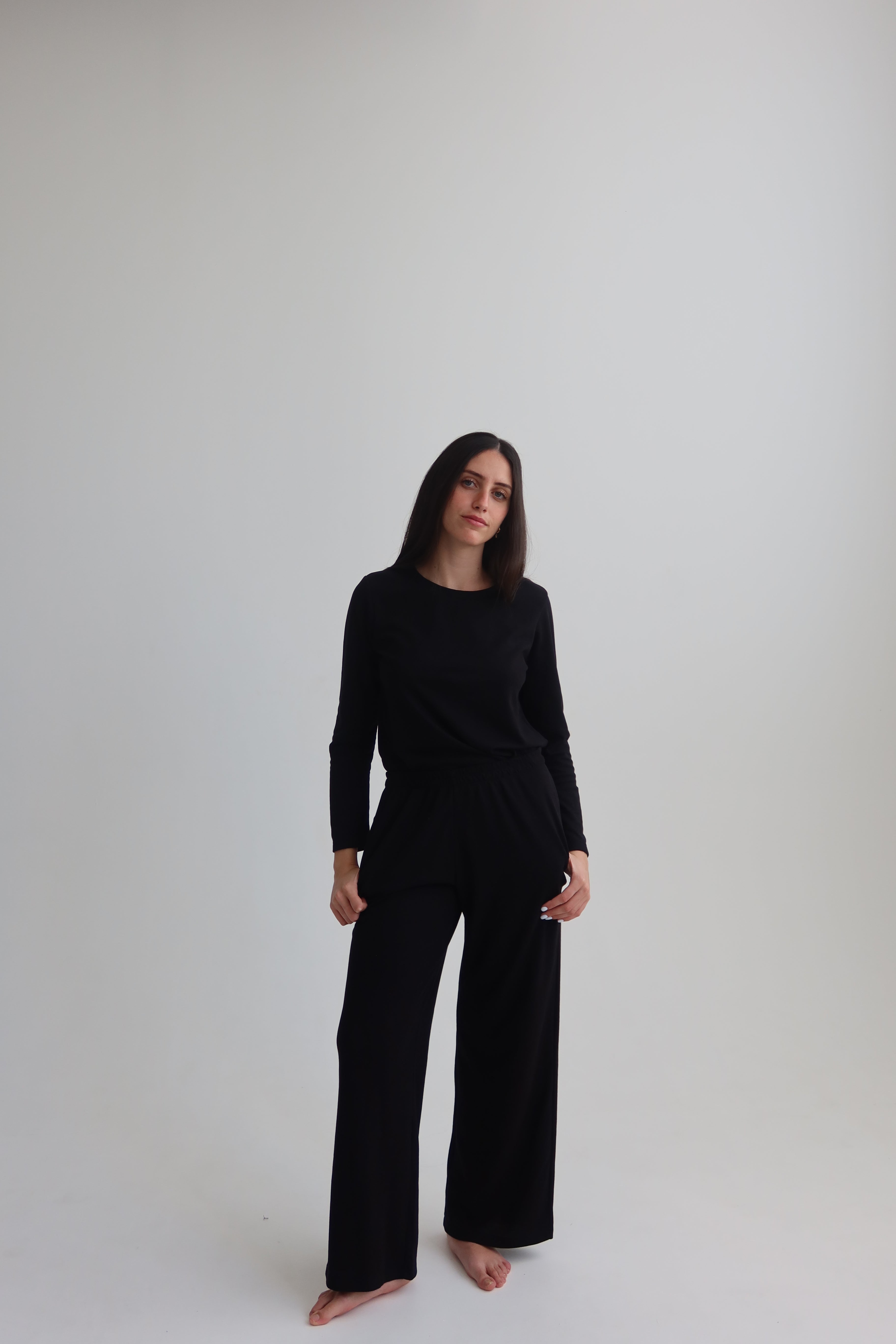 Waffle straight pants - black